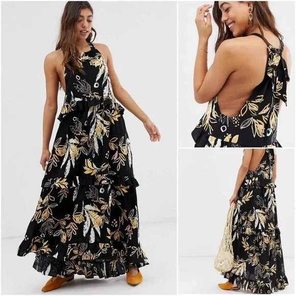 knee length dresses for ladies Anita Maxi Dress  Black Multi Floral Chiffon